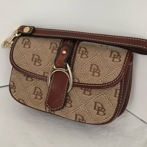 Dooney & Bourke Wristlet logo DB Tan Canvas and Brown Leather Vintage EUC